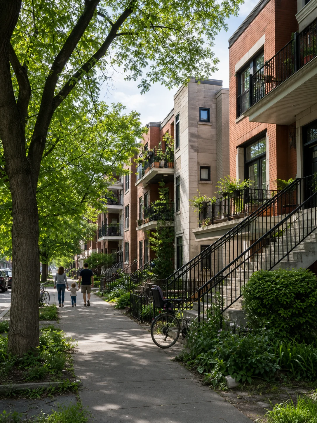 Rue résidentielle bordée d’immeubles multilogements et d’arbres